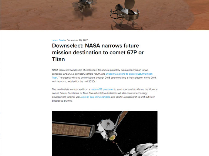 Downselect: NASA narrows future mission destination to comet 67P or Titan