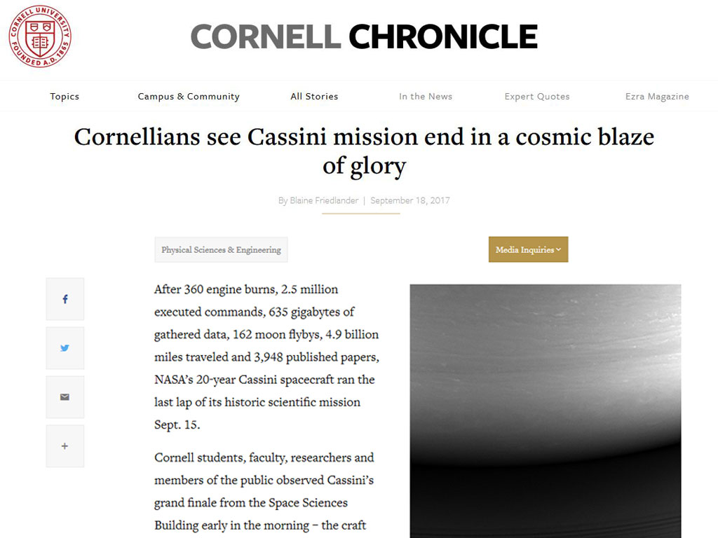 Cornellians see Cassini mission end in a cosmic blaze of glory