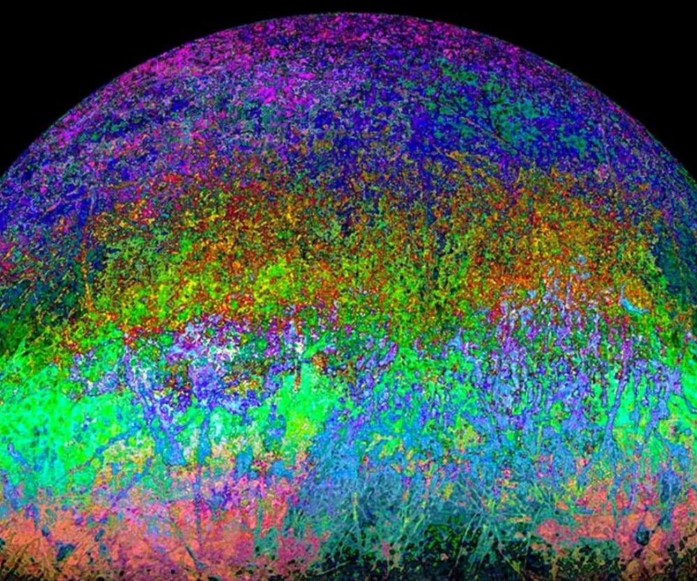 Citizen scientists Kevin M. Gill and Fernando Garcia Navarro created this colorful, highly artistic view of Jupiter’s icy moon Europa, taken from JunoCam on the Juno mission’s close flyby Sept. 29. JPL/NASA released this image on Oct. 6.