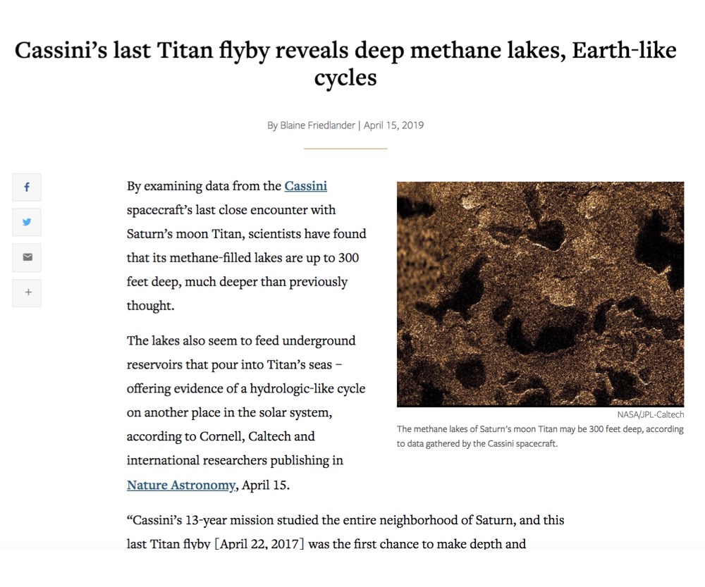 Cassini’s last Titan flyby reveals deep methane lakes, Earth-like cycles