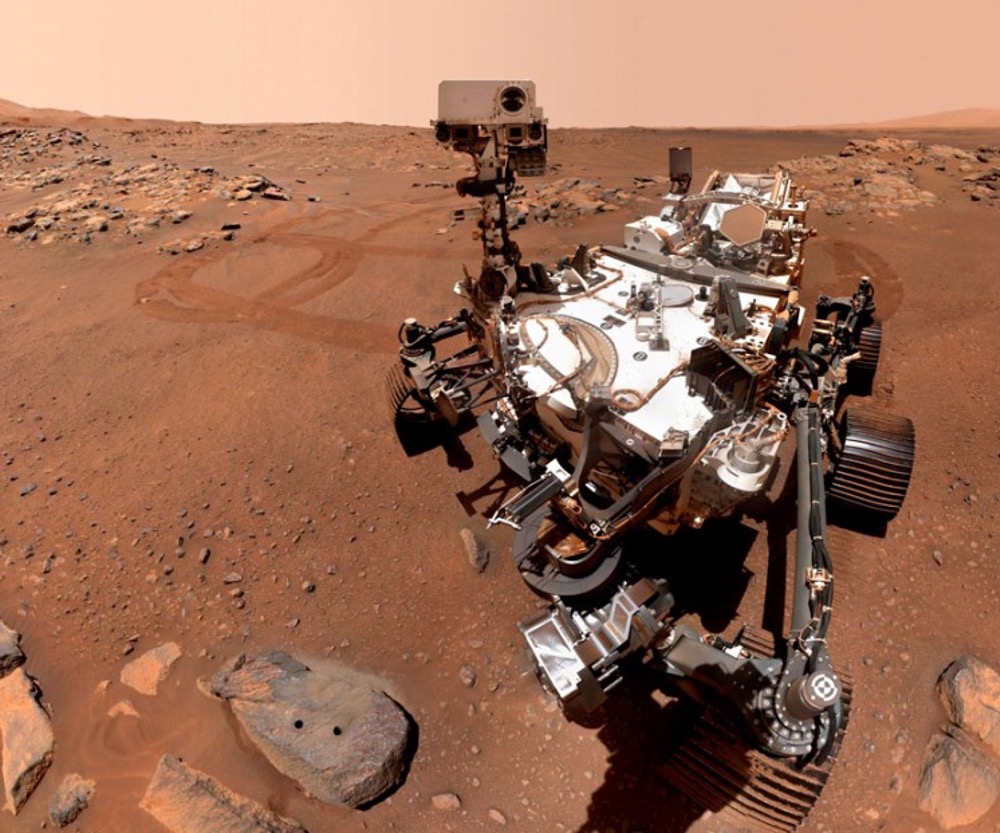 NASA’s Mars rover Perseverance poses in a planetary selfie last September with the formation known as “Rochette.”