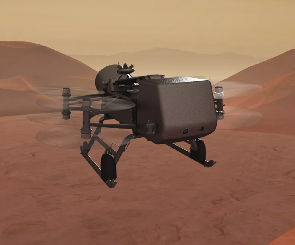 An artist's impression of the Dragonfly helicopter in flight over Titan. (Image credit: Johns Hopkins APL)
